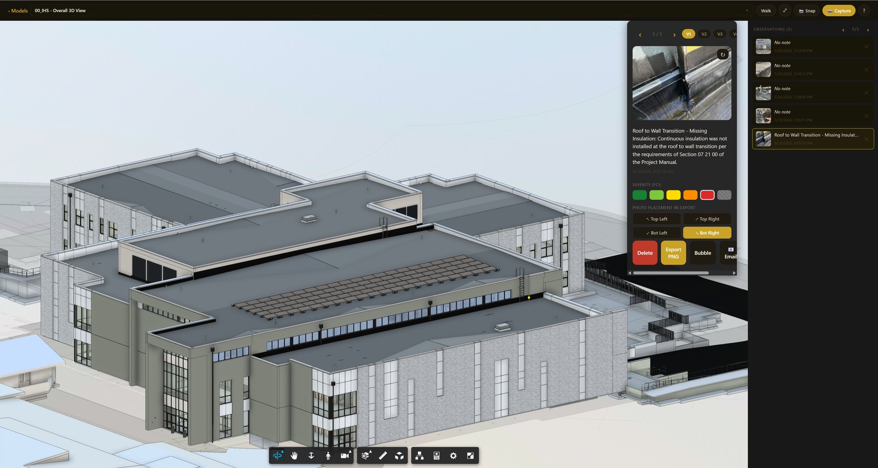 The BIMspection app: a 3D building model with an observation marked on it, alongside a detail panel showing the photo, note, severity swatches and export controls.