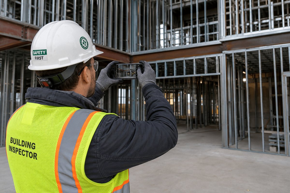 An inspector in a Building Inspector hi-vis vest and hard hat photographing a steel-framed building interior with a smartphone.