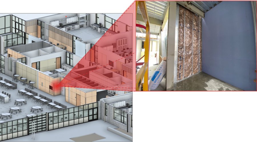The finished composite export: the site photograph linked by a beam to its location on the 3D model.