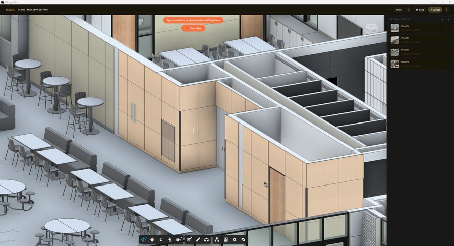 The BIMspection app in placement mode: a crosshair over the 3D model and a prompt to drop the observation.